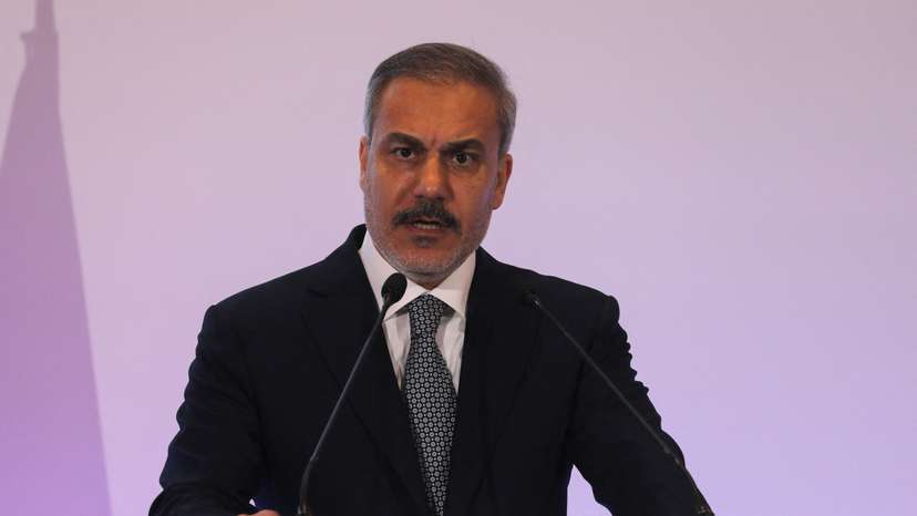 Turkish Foreign Minister Hakan Fidan speaks to the media during Doha Forum in Doha
