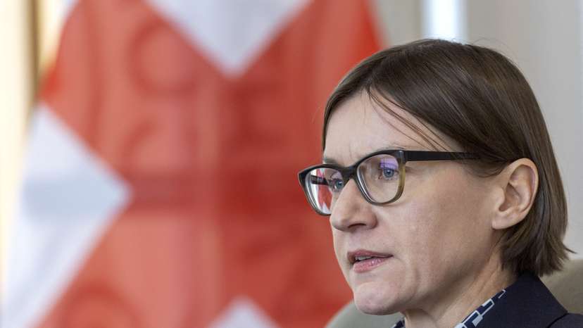 Red Cross President Spoljaric Egger attends a briefing in Geneva