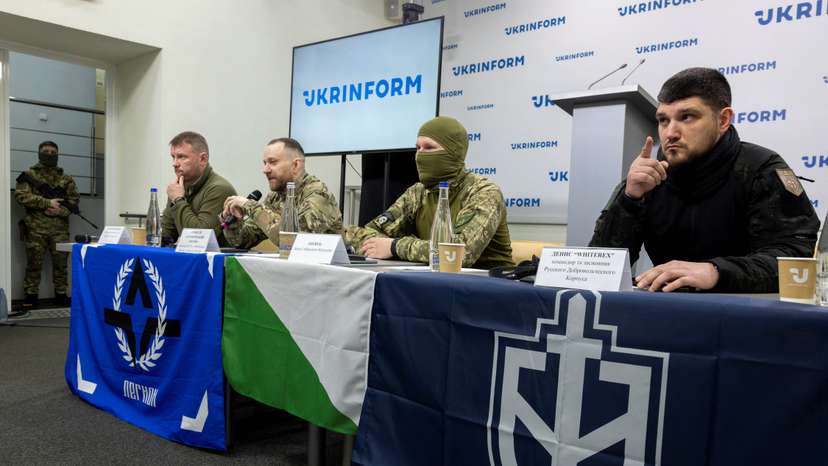Press conference by Russian paramilitary groups who fight on the side Ukraine in Kyiv