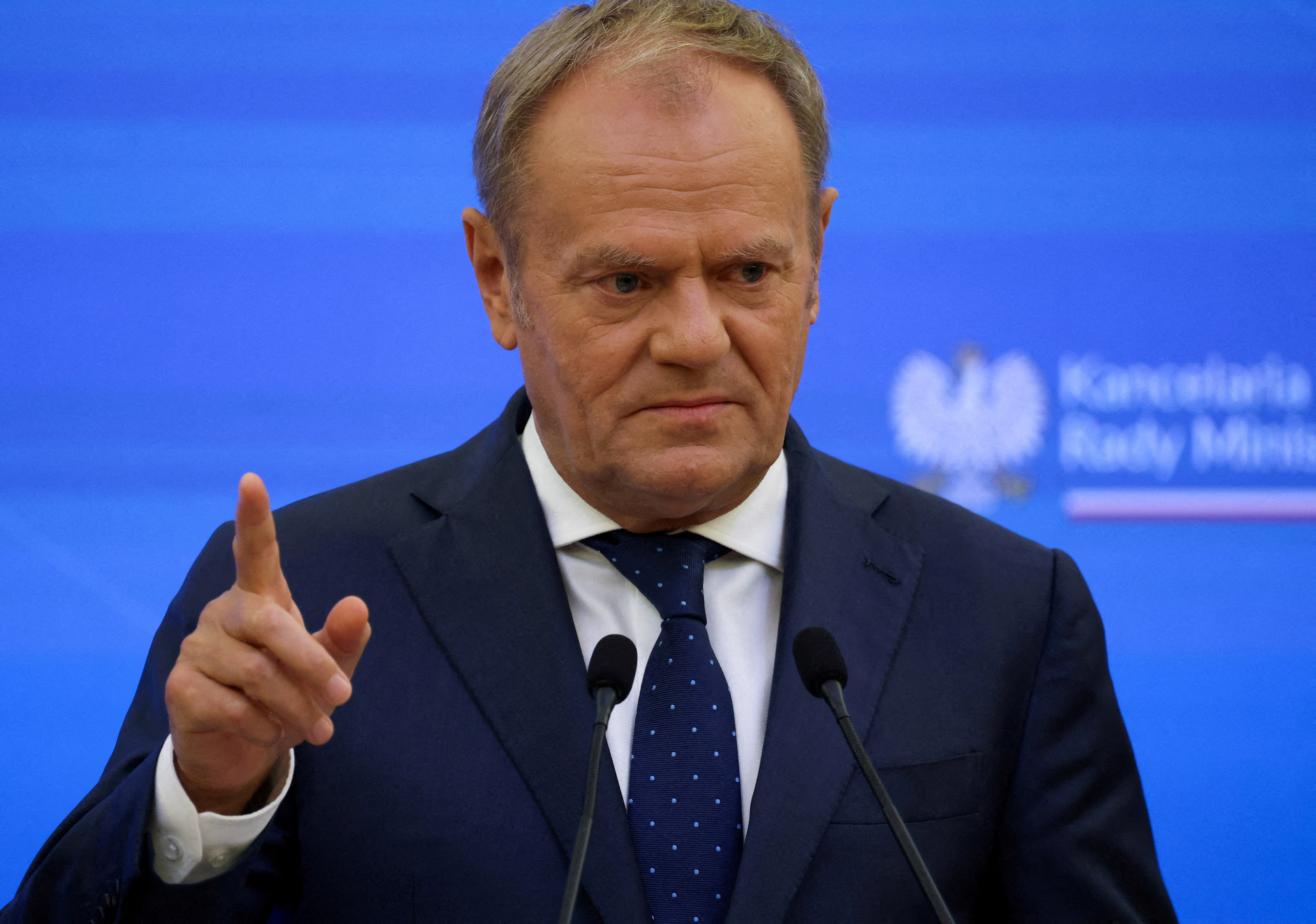 FILE PHOTO: Polish Prime Minister Tusk at a press conference with Lithuanian Prime Minister Ruginiene in Warsaw