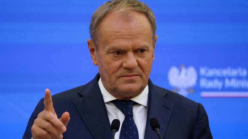 FILE PHOTO: Polish Prime Minister Tusk at a press conference with Lithuanian Prime Minister Ruginiene in Warsaw