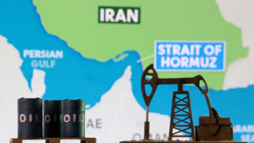 Illustration shows 3D printed oil pipeline and map showing the Strait of Hormuz and Iran