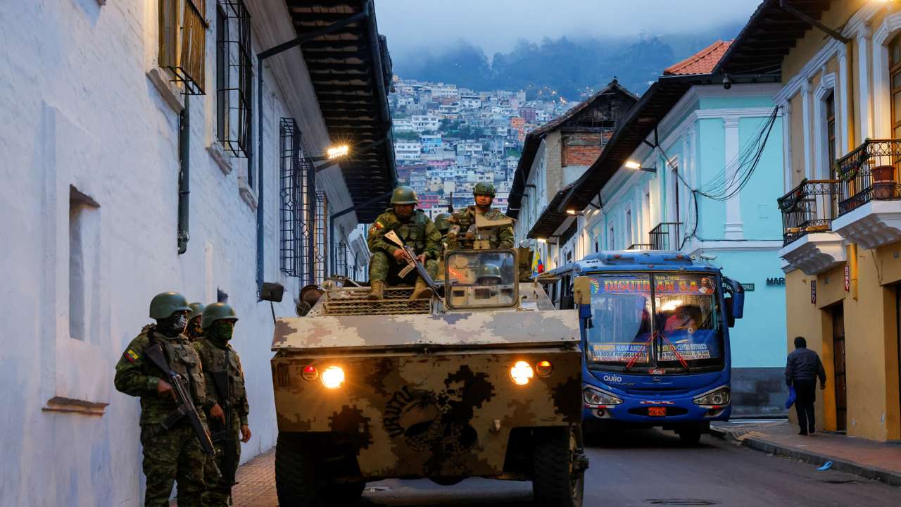 Security forces patrol after a violence outbreak, in Quito
