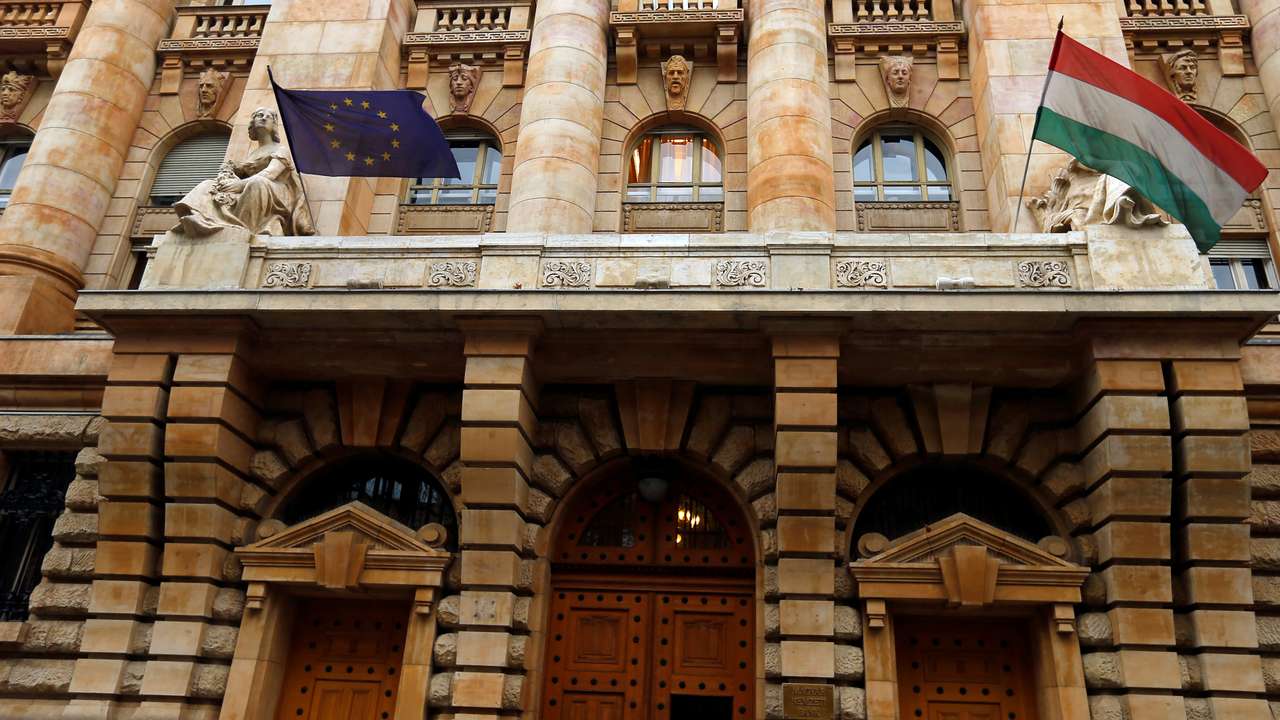FILE PHOTO: A view of the entrance to the National Bank of Hungary building in Budapest