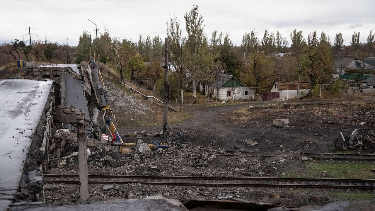 FILE PHOTO: A view shows a destroyed bridge in the town of Pokrovsk