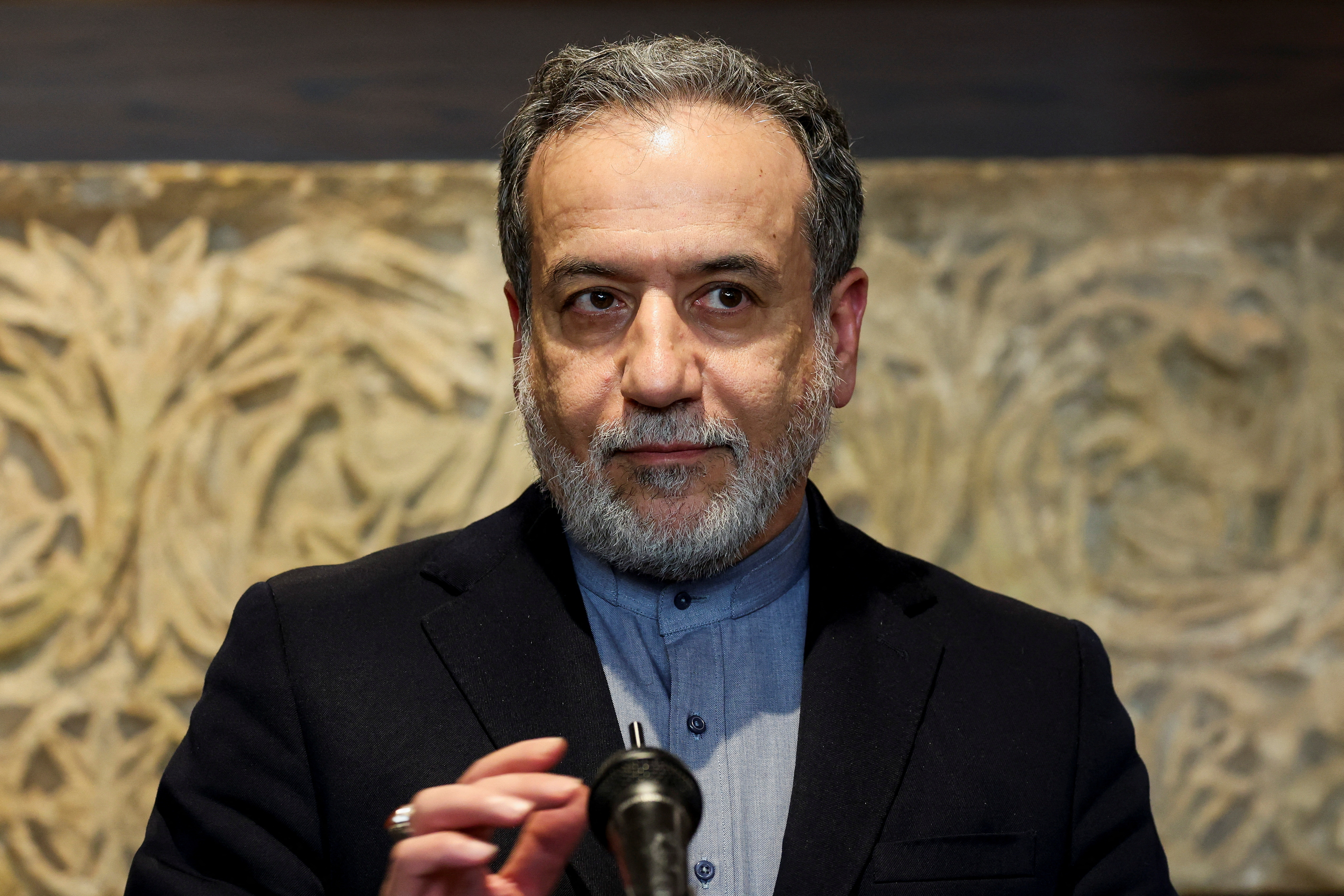 Iranian Foreign Minister Abbas Araqchi speaks to the media, in Beirut