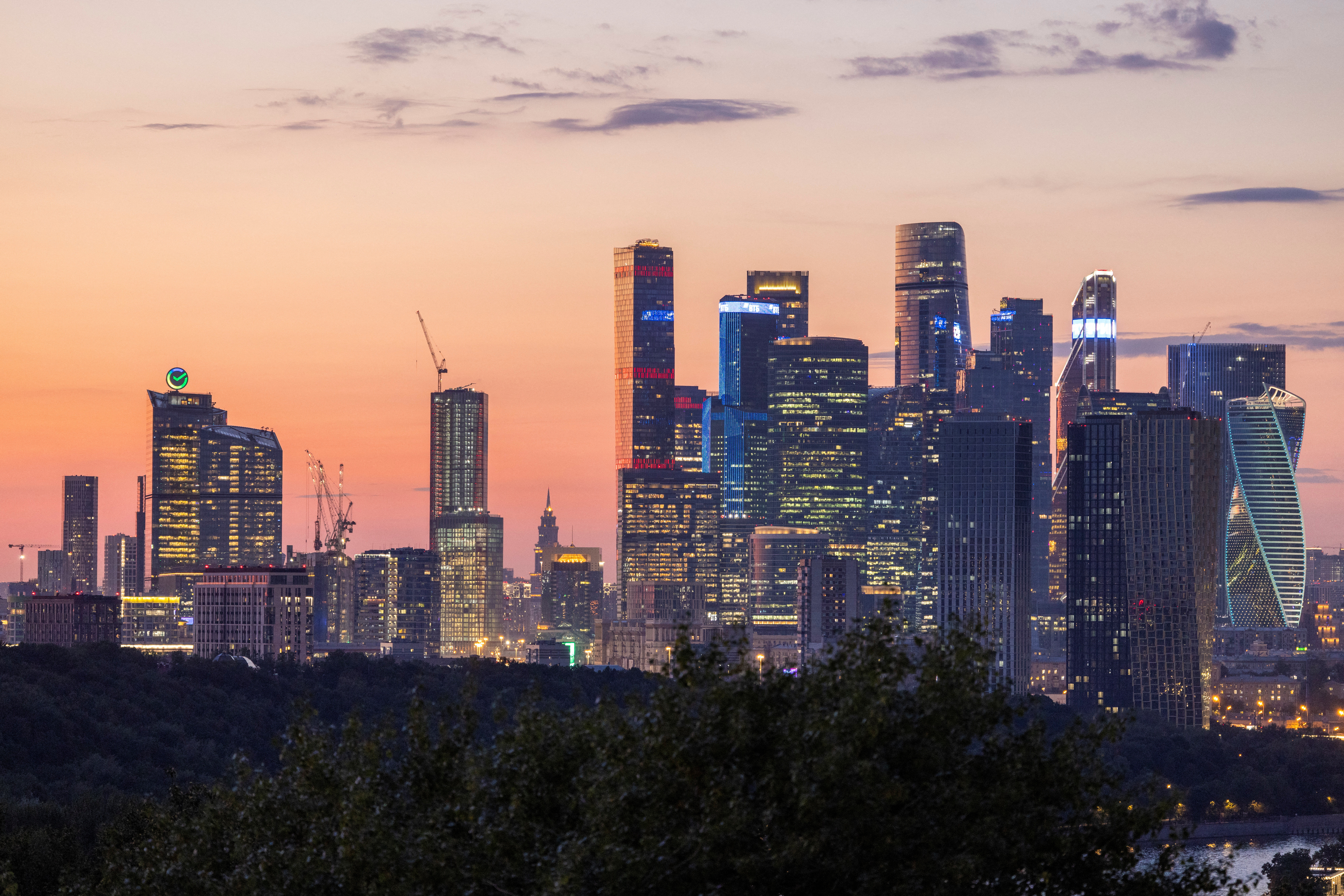 Skyscrapers of Moscow-City International Business District and headquarters of Russia’s biggest bank Sberbank are seen during sunset time in Moscow