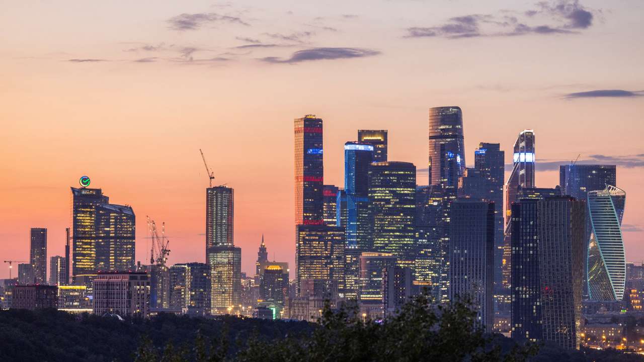 Skyscrapers of Moscow-City International Business District and headquarters of Russia’s biggest bank Sberbank are seen during sunset time in Moscow