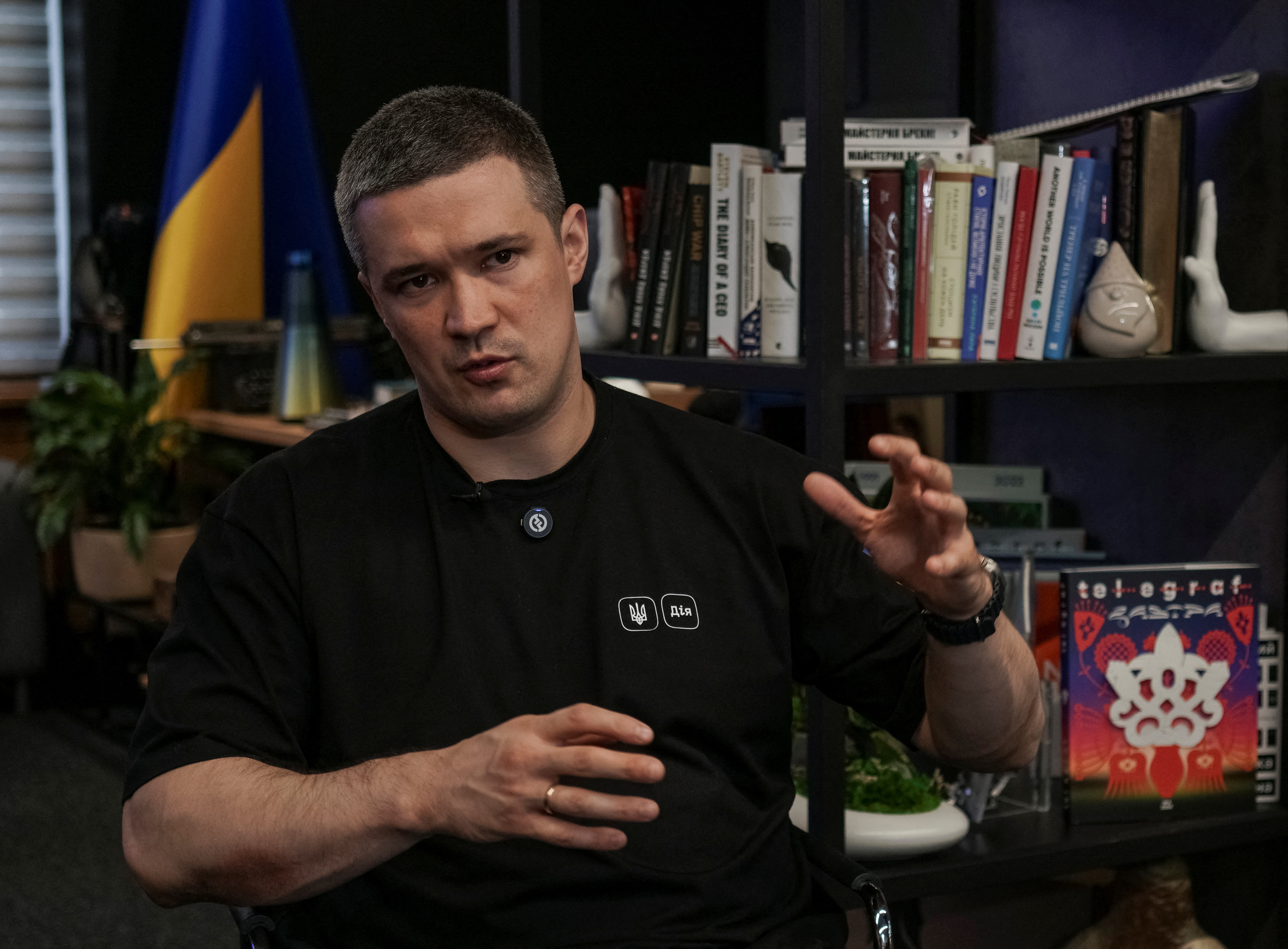 Mykhailo Fedorov, First Deputy Prime Minister and Minister of Digital Transformation of Ukraine, speaks during an interview with Reuters
