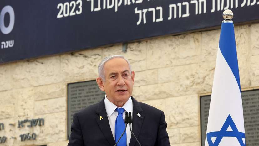 Israel's Prime Minister Benjamin Netanyahu takes part in a memorial ceremony of the Hamas attack on October 7, in Jerusalem
