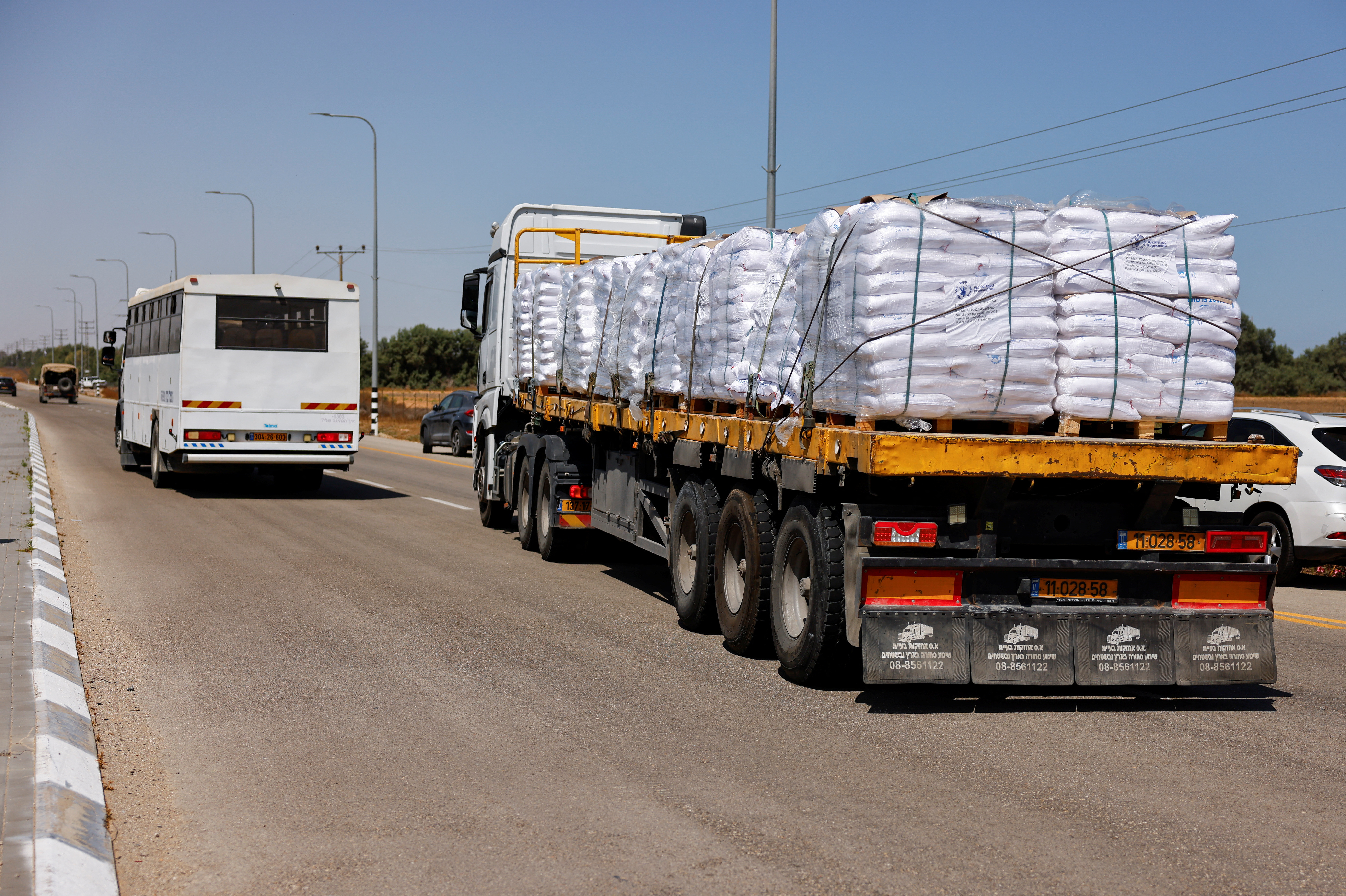 FILE PHOTO: A view of an aid truck entering from Israel into Gaza, on the road to the Kerem Shalom crossing near the Israeli-Gaza border