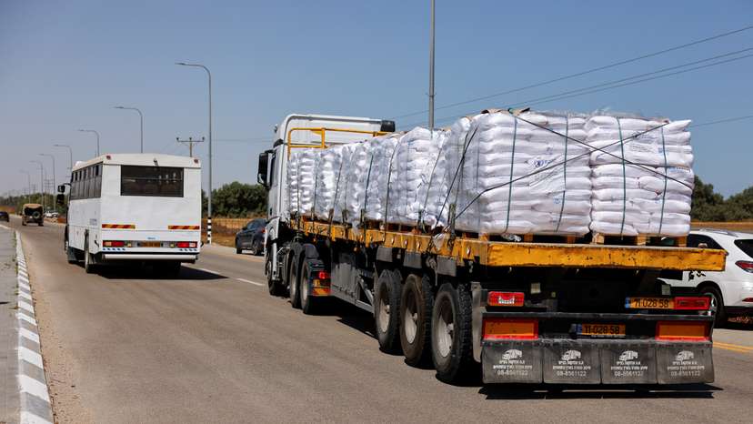 FILE PHOTO: A view of an aid truck entering from Israel into Gaza, on the road to the Kerem Shalom crossing near the Israeli-Gaza border
