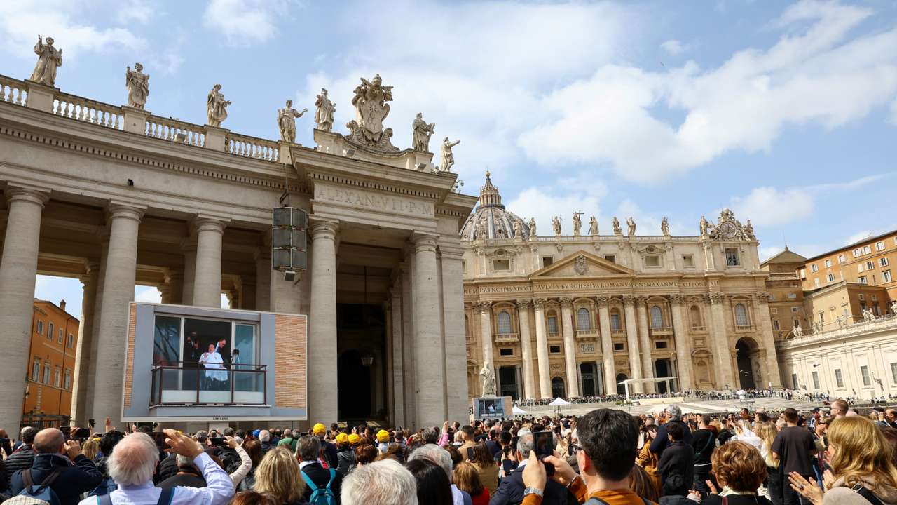 Pope Francis appears from a window of Gemelli Hospital during his first public appearance in five weeks, on a big screen in St. Peter's Square, at the Vatican