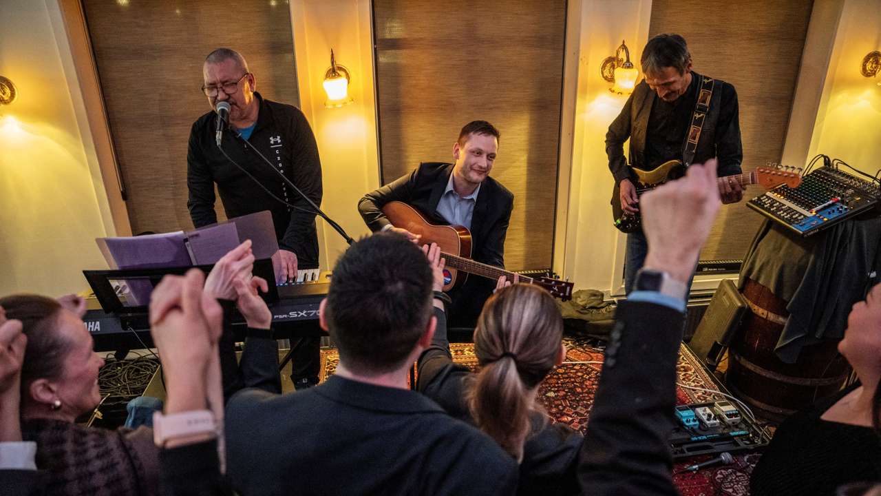 Leader of Demokraatit, Jens-Frederik Nielsen, reacts during the election party at cafe Killut in Nuuk