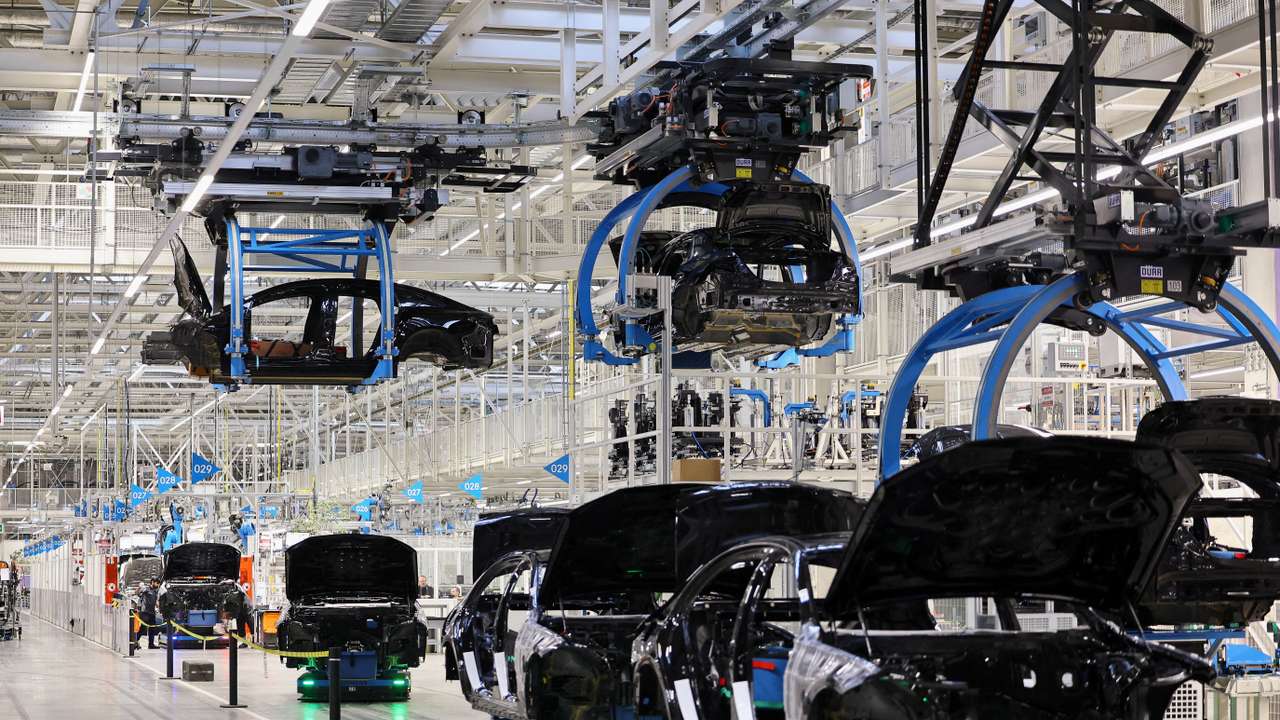 FILE PHOTO: Car bodies are lifted at "Factory 56" in Sindelfingen