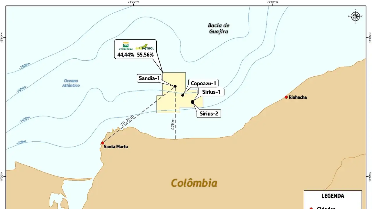 Imagem mostra mapa da costa da Colômbia onde a Petrobras explora petróleo e gá com a Ecopetrol