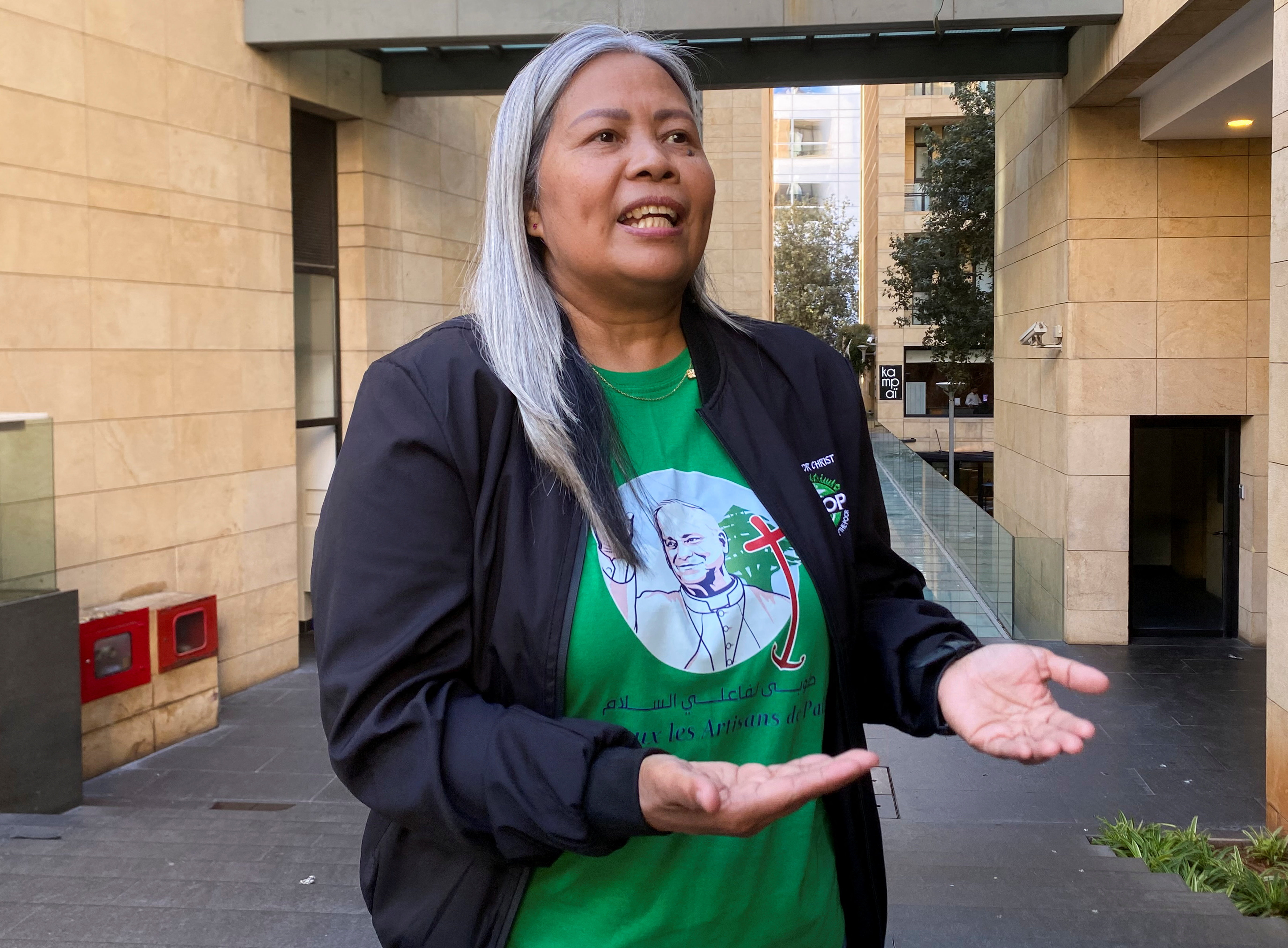 Filipina worker Loren Capobres, attends an interview with Reuters, in Beirut