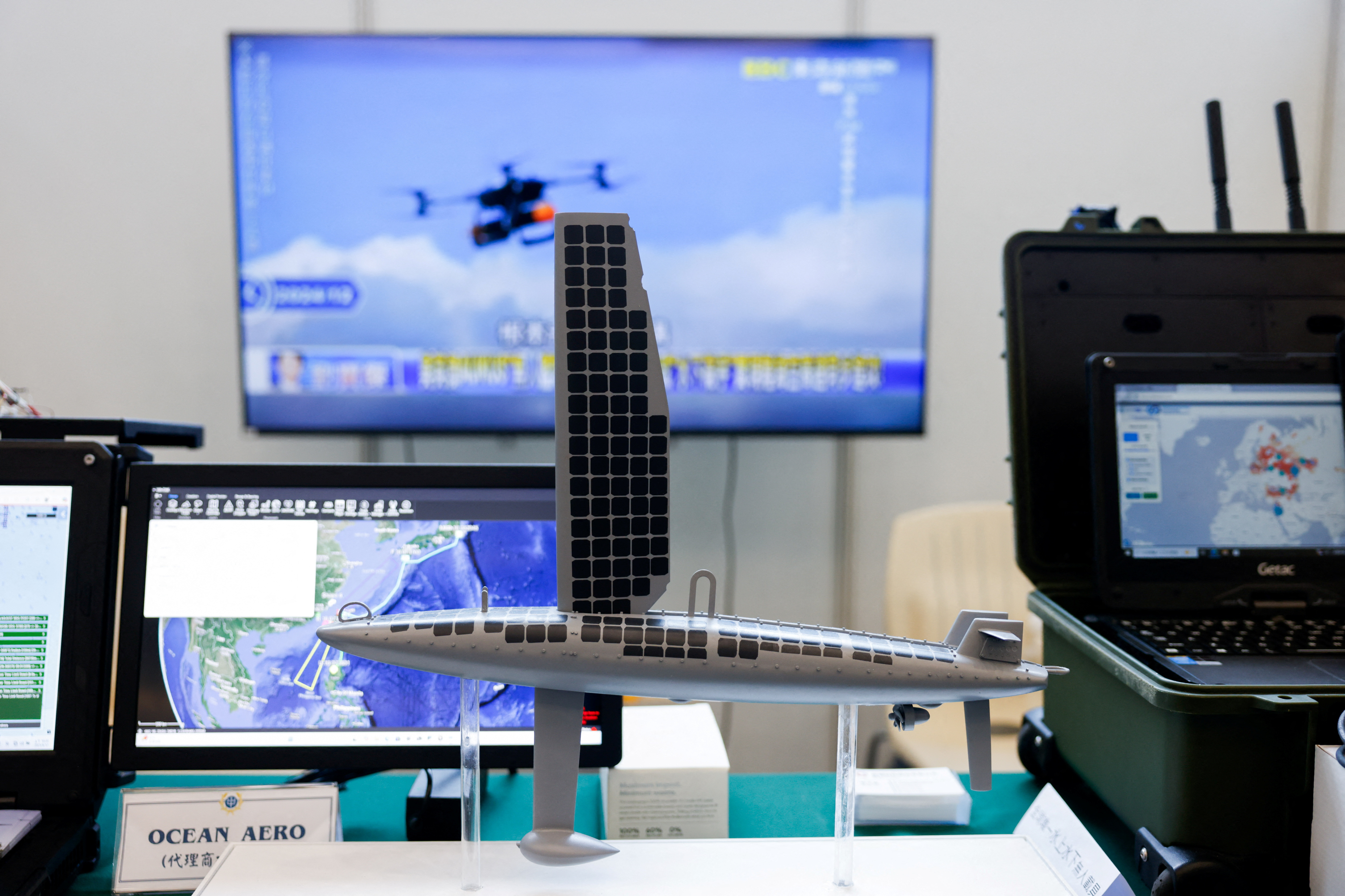 A drone model is displayed at Ocean Aero during a sea drone event in Yilan