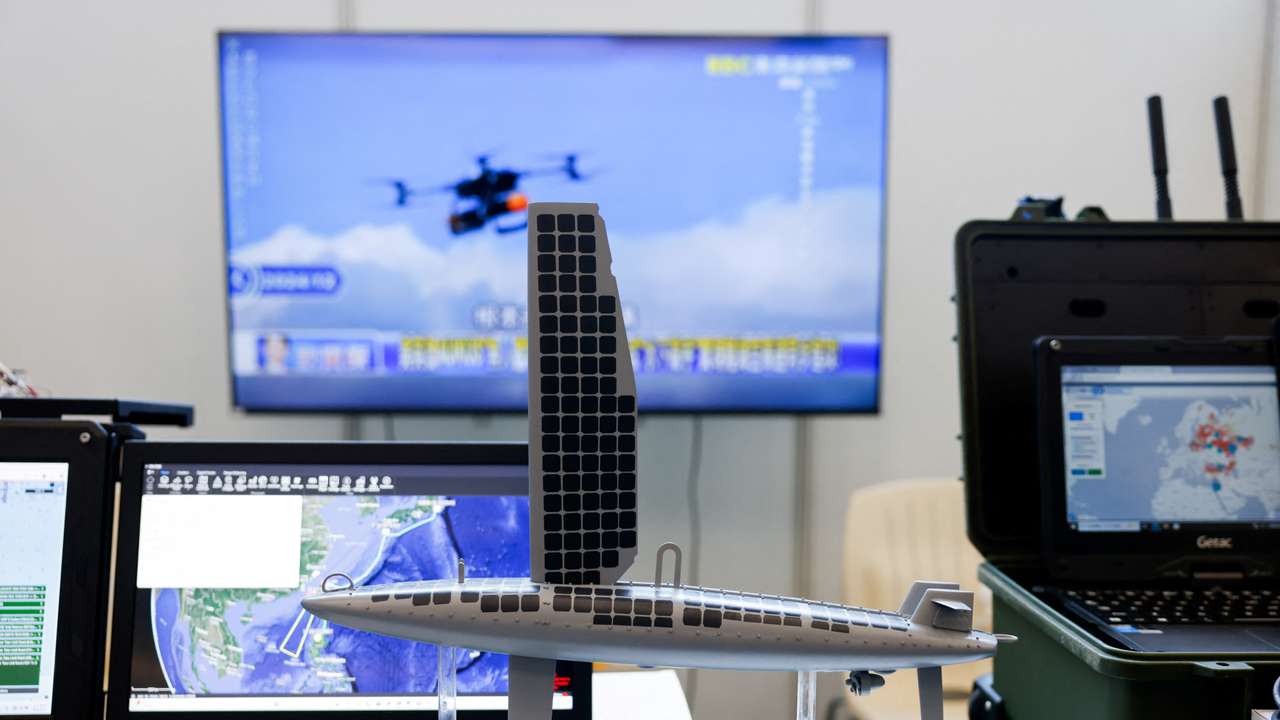 A drone model is displayed at Ocean Aero during a sea drone event in Yilan