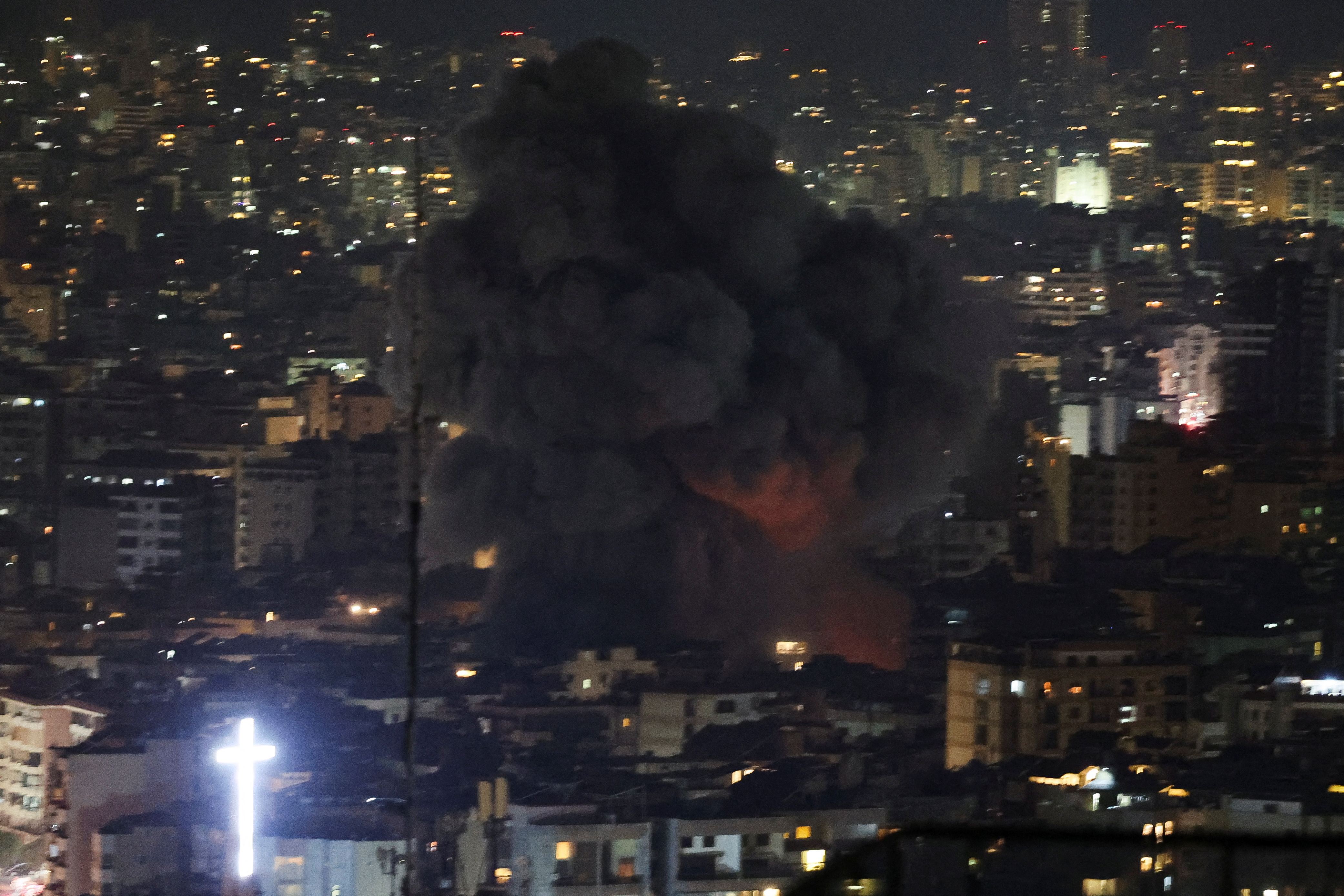 Israeli strike on Beirut's southern suburbs, after the Israeli military issued an evacuation warning for the area, as seen from Baabda