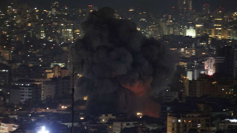 Israeli strike on Beirut's southern suburbs, after the Israeli military issued an evacuation warning for the area, as seen from Baabda