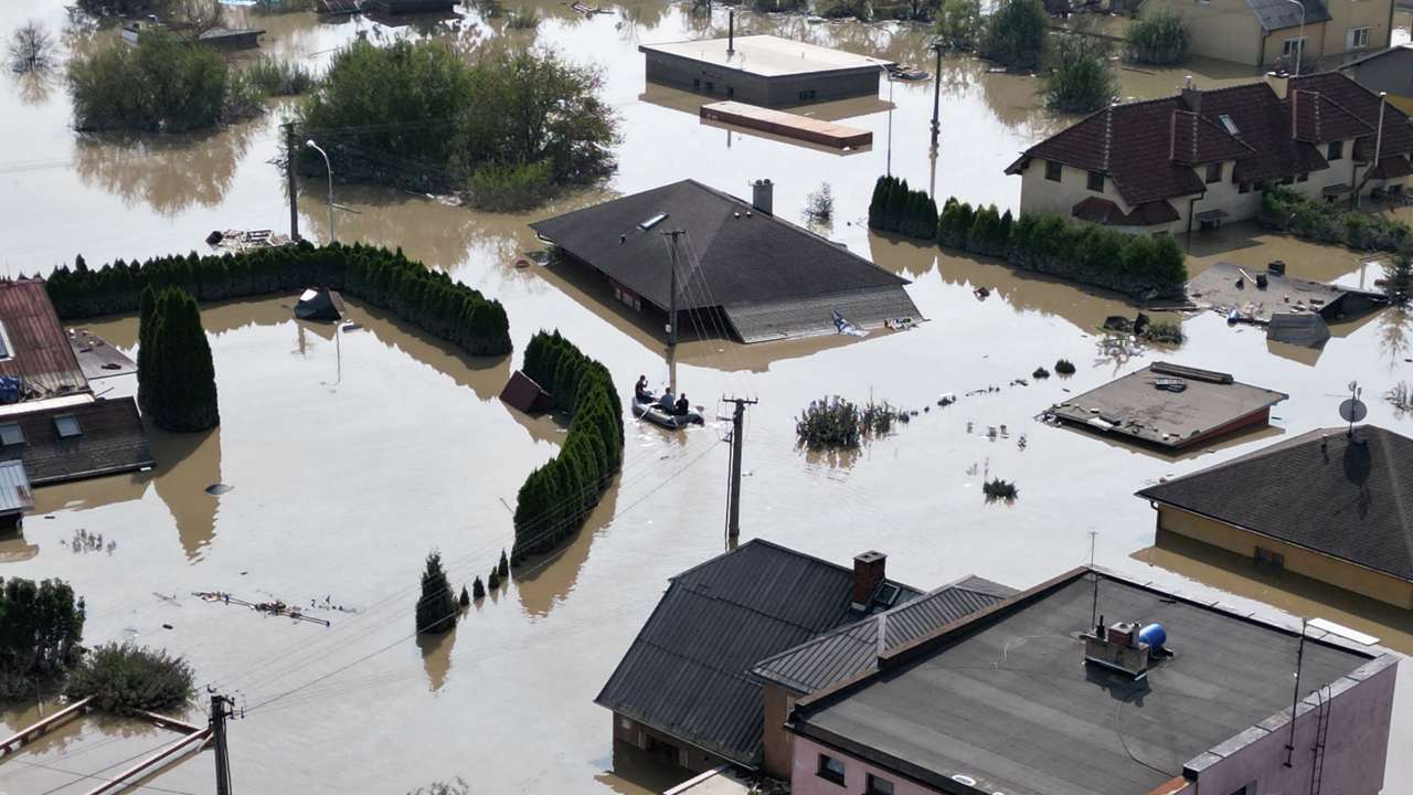 FILE PHOTO: A drone view shows the flood-affected area in Ostrava