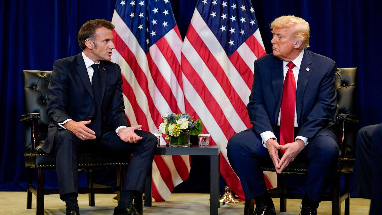 FILE PHOTO: U.S. President Trump and French President Macron meet during the 80th United Nations General Assembly, in New York City
