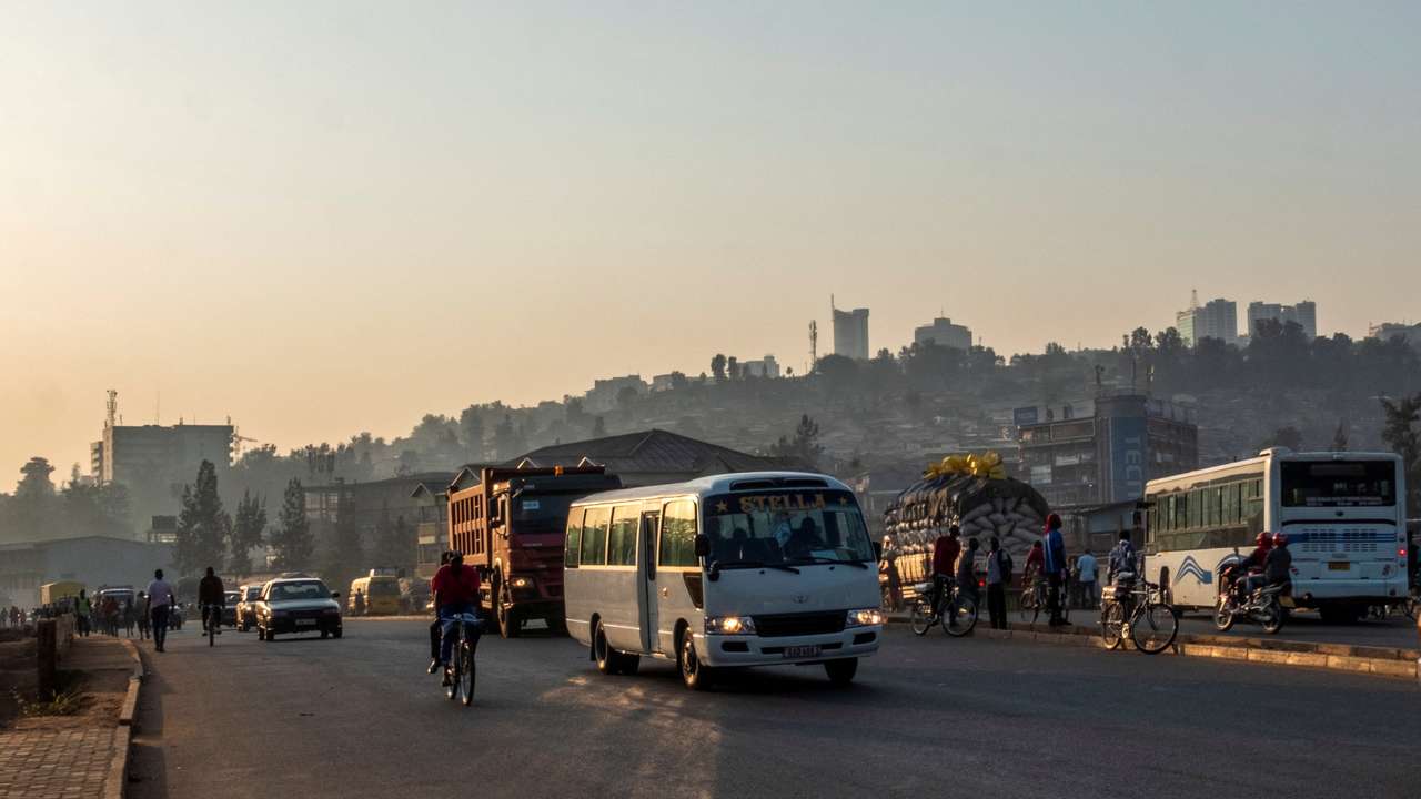 FILE PHOTO: A mini-bus drives down a street in Kigali