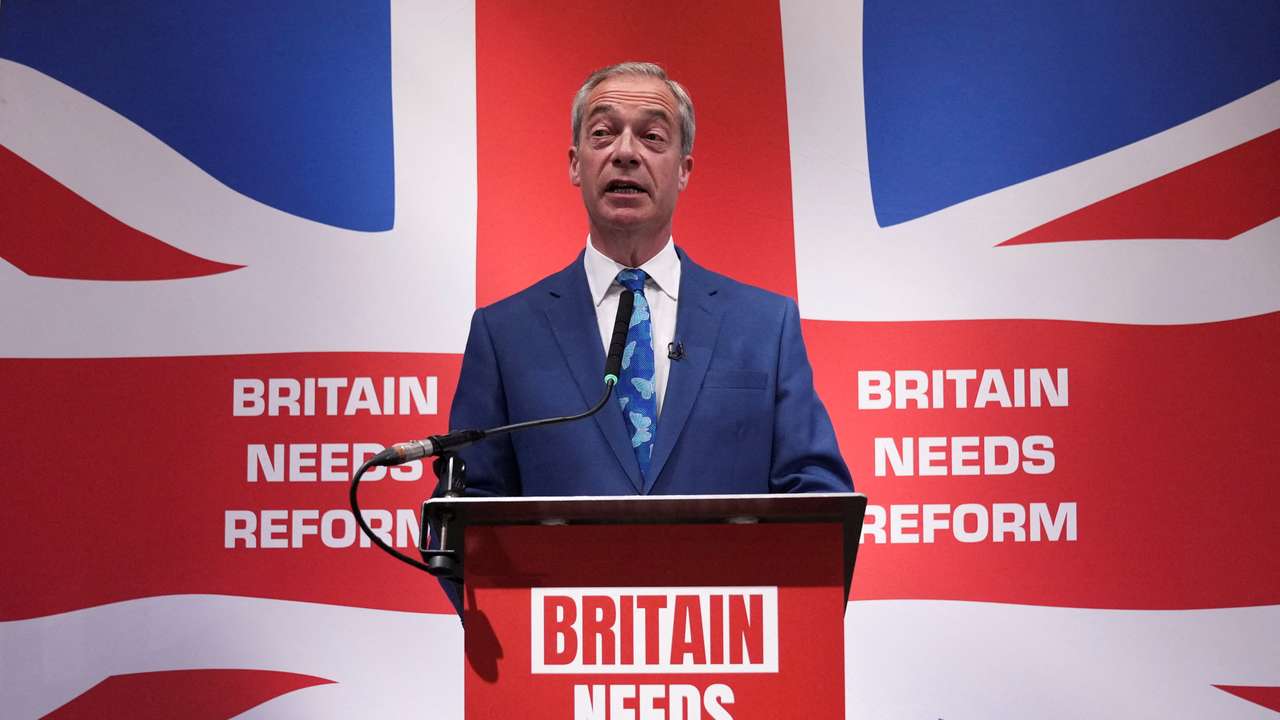 Honorary President of the Reform UK party Nigel Farage attends press conference, in London