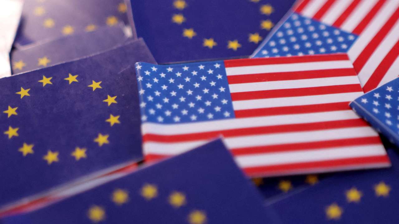 FILE PHOTO: Illustration shows U.S. and EU flags