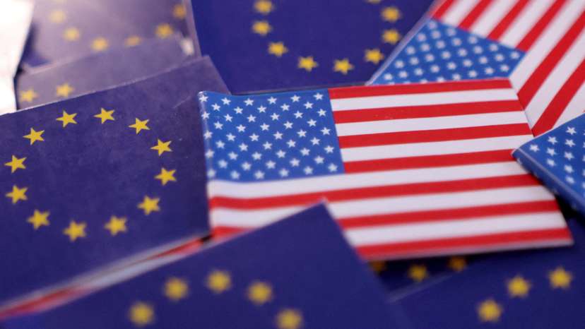 FILE PHOTO: Illustration shows U.S. and EU flags