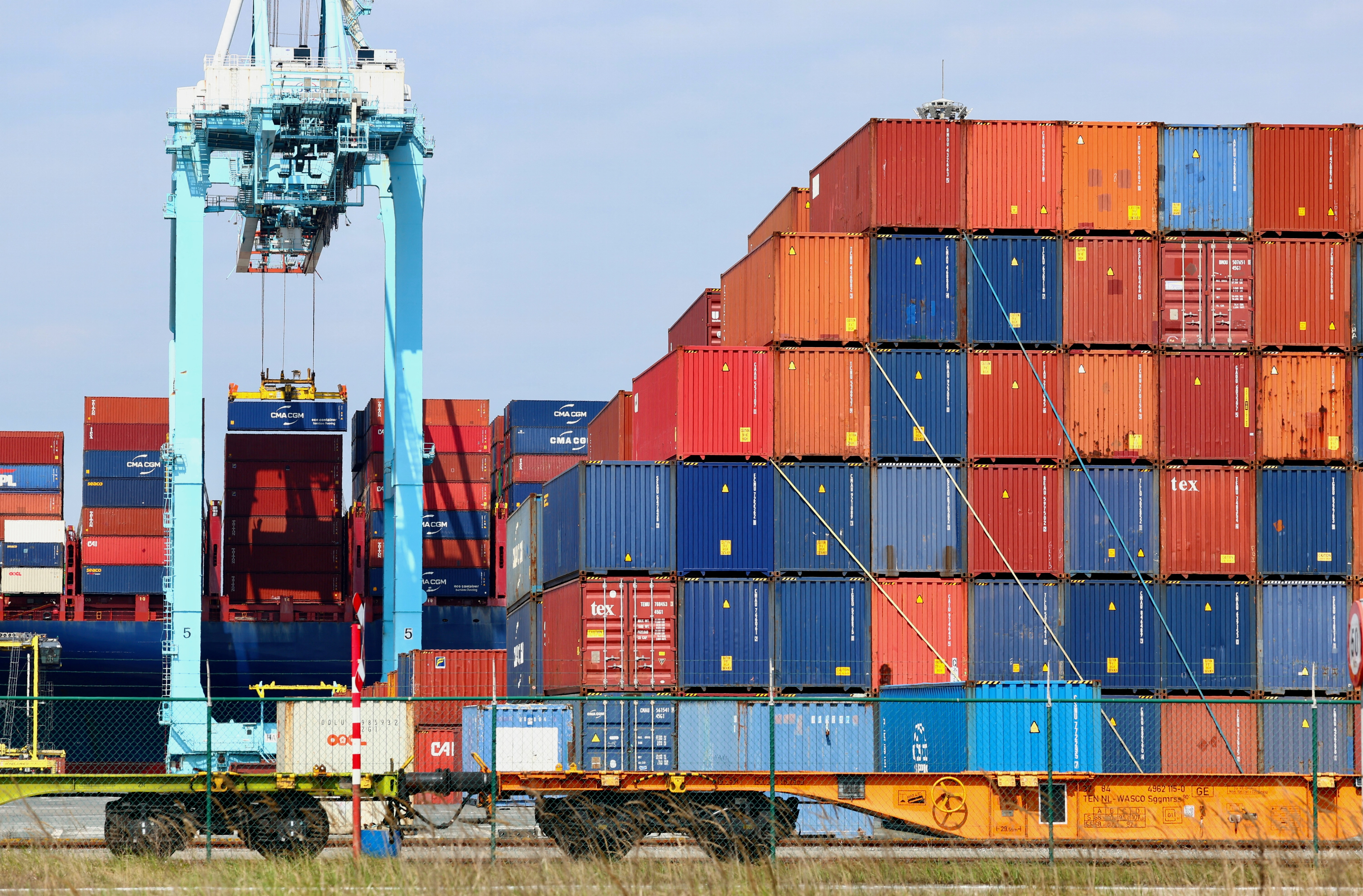 Shipping containers are seen at the Belgian port of Zeebrugge