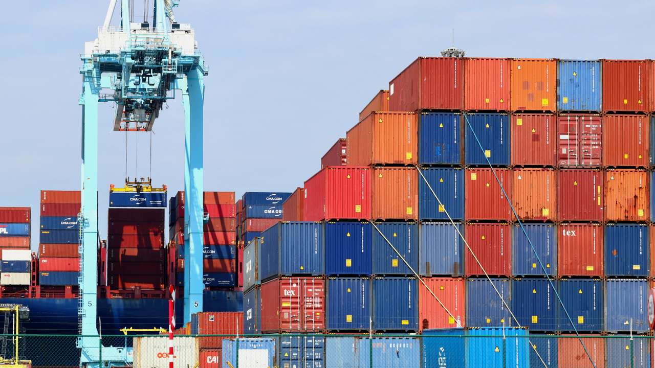 Shipping containers are seen at the Belgian port of Zeebrugge