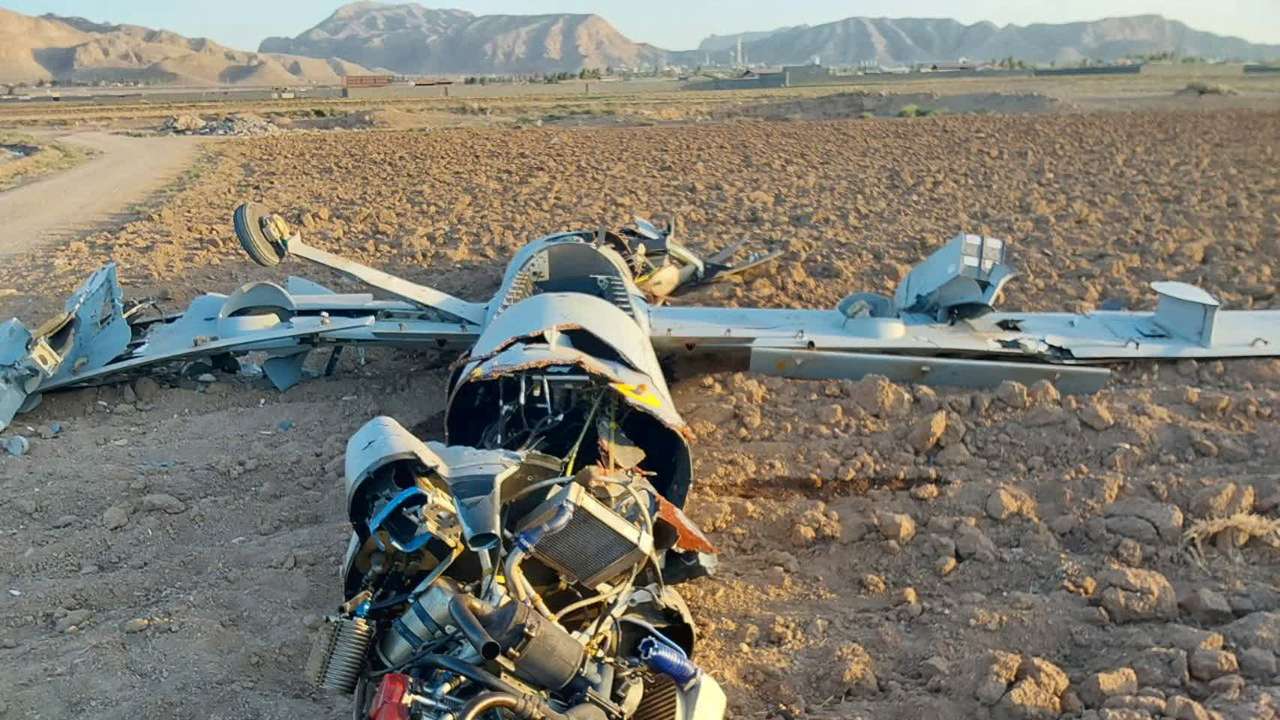 A destroyed drone, which the Iranian Army says belongs to Israel, is seen in Isfahan
