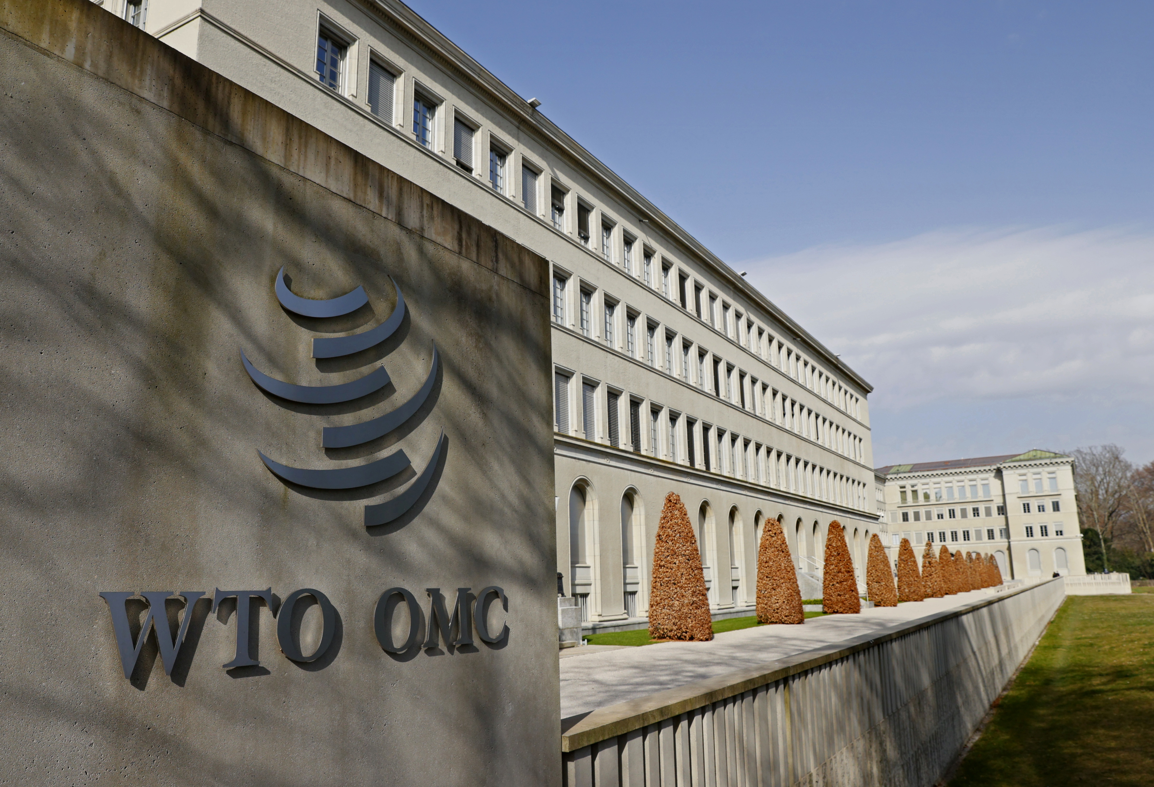 A logo is pictured on the WTO in Geneva