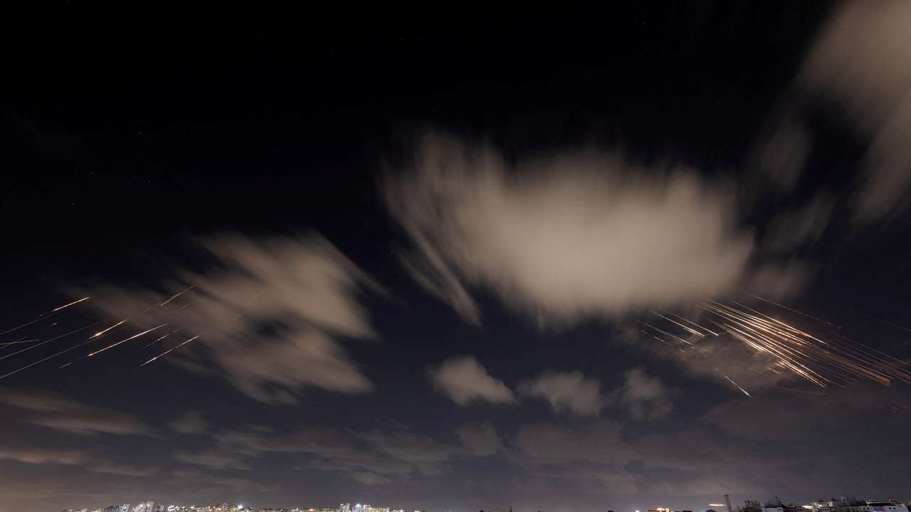 Israel's Iron Dome anti-missile system intercepts rockets, as seen from Ashkelon