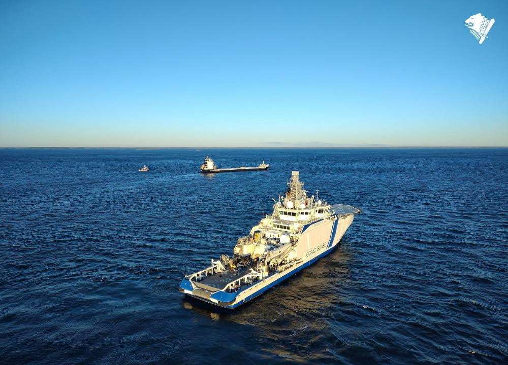 The vessel Fitburg, suspected of damaging subsea communication cables in the Gulf of Finland, at Kantvik harbour in Kirkkonummi