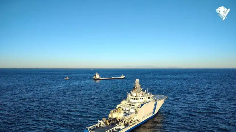 The vessel Fitburg, suspected of damaging subsea communication cables in the Gulf of Finland, at Kantvik harbour in Kirkkonummi