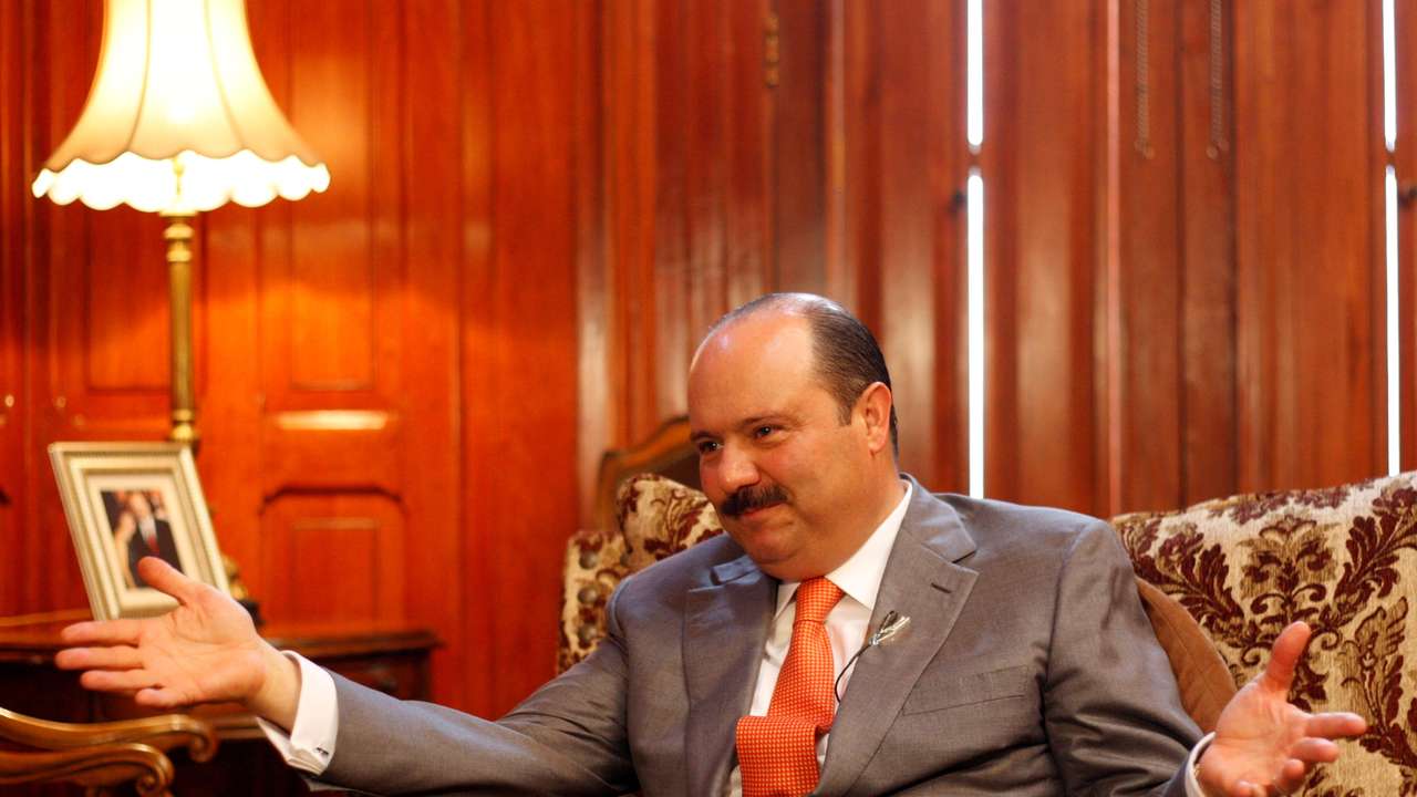Duarte gestures during an interview at Government palace in Chihuahua