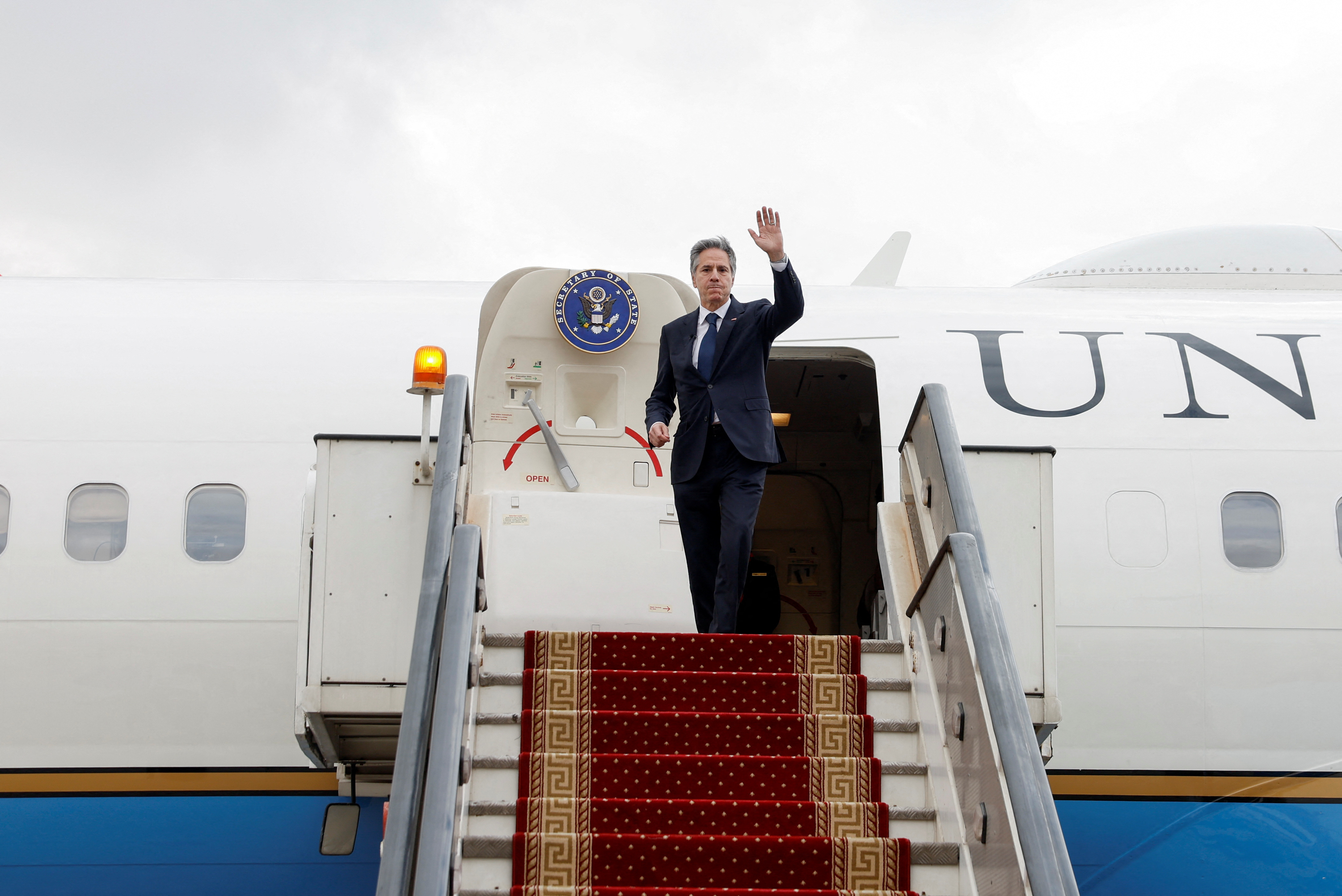 FILE PHOTO: U.S. Secretary of State Antony Blinken returns to Washington, following a week-long trip aimed at calming tensions across the Middle East