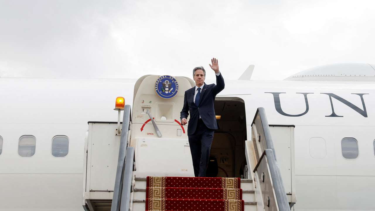 FILE PHOTO: U.S. Secretary of State Antony Blinken returns to Washington, following a week-long trip aimed at calming tensions across the Middle East