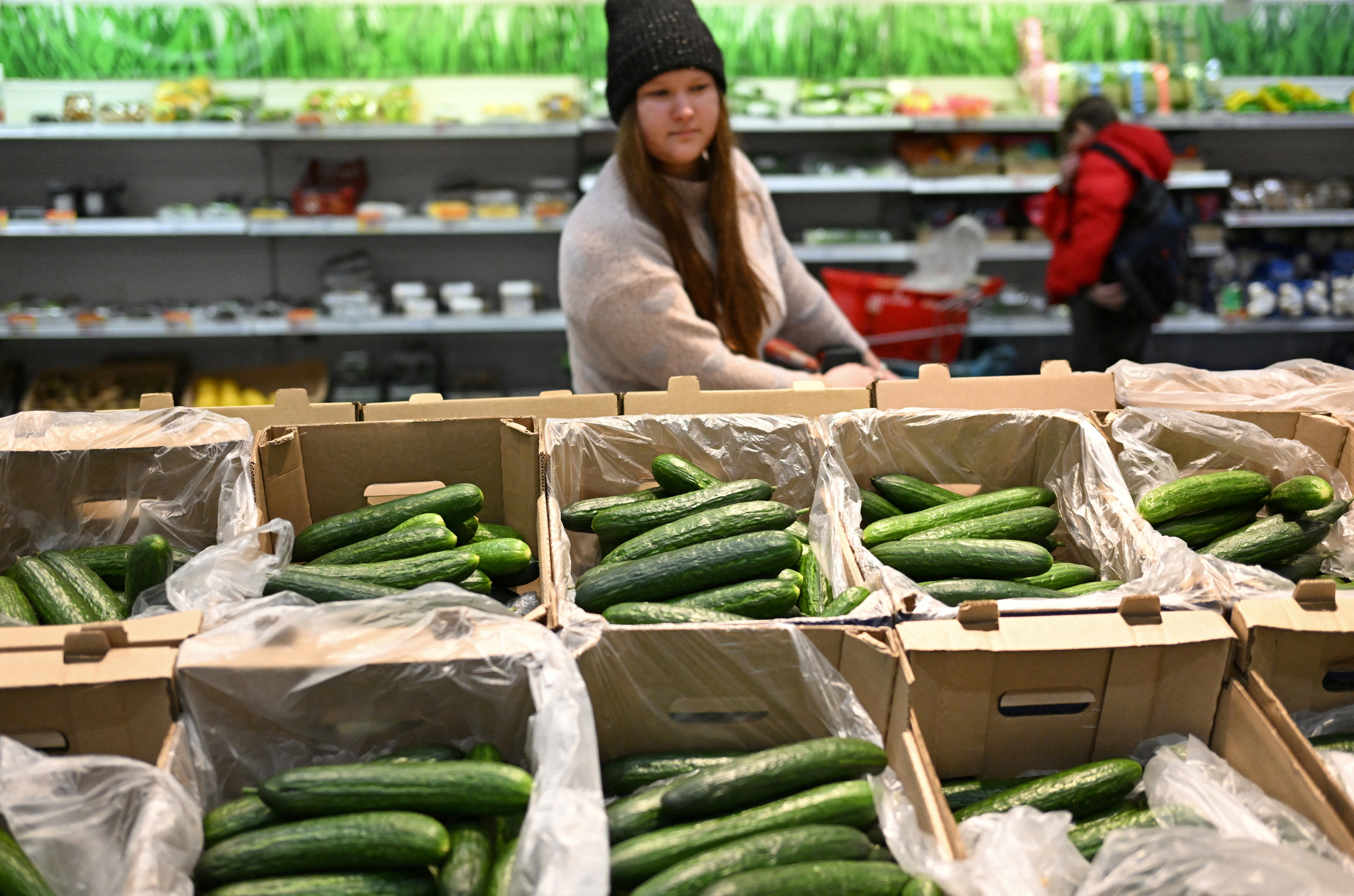 Cucumbers lie in boxes at a supermarket in Omsk