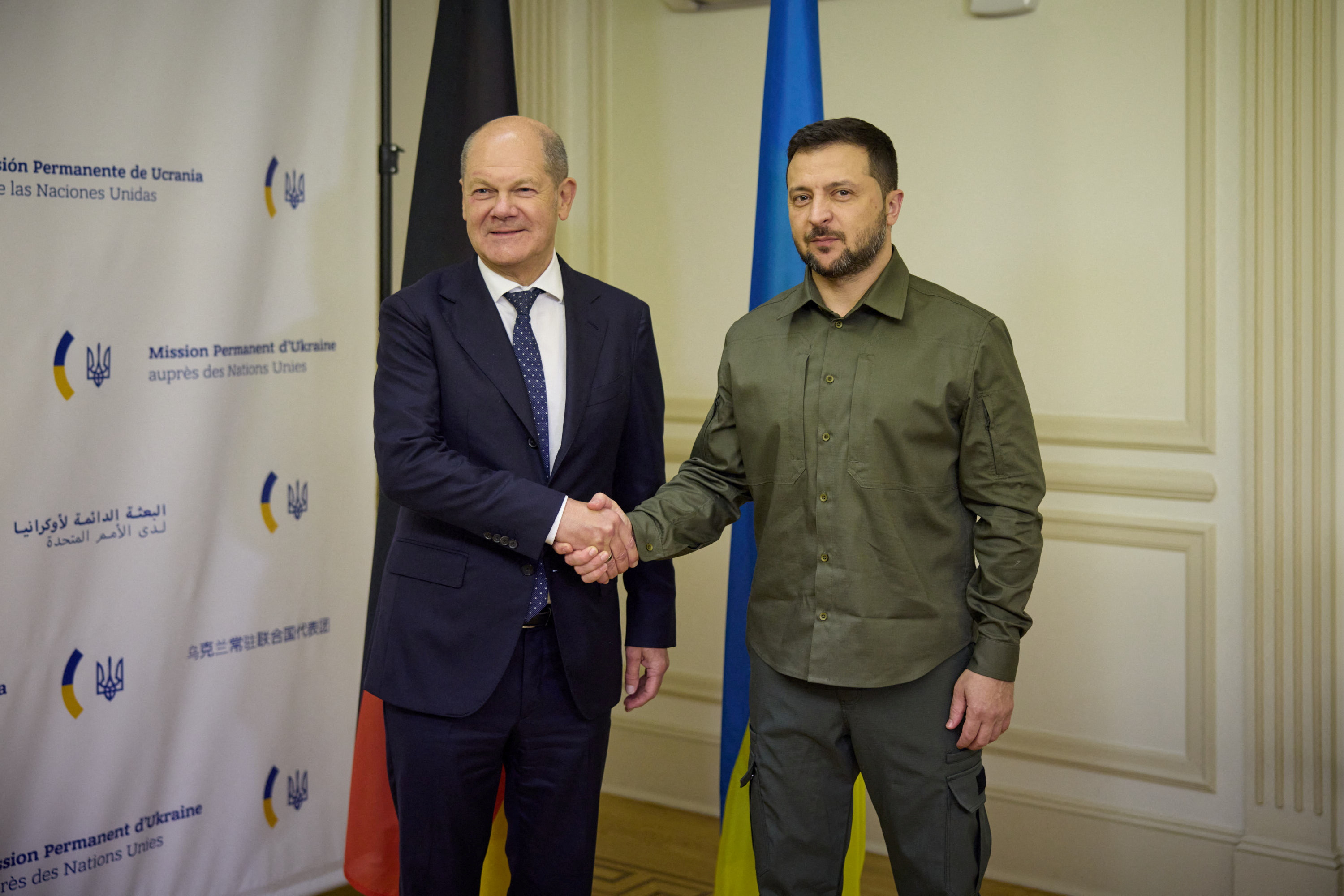 Ukraine's President Zelenskiy meets Germany's Chancellor Olaf Scholz during the U.N. General Assembly in New York