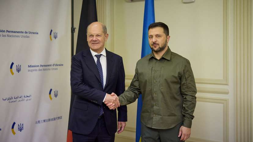 Ukraine's President Zelenskiy meets Germany's Chancellor Olaf Scholz during the U.N. General Assembly in New York