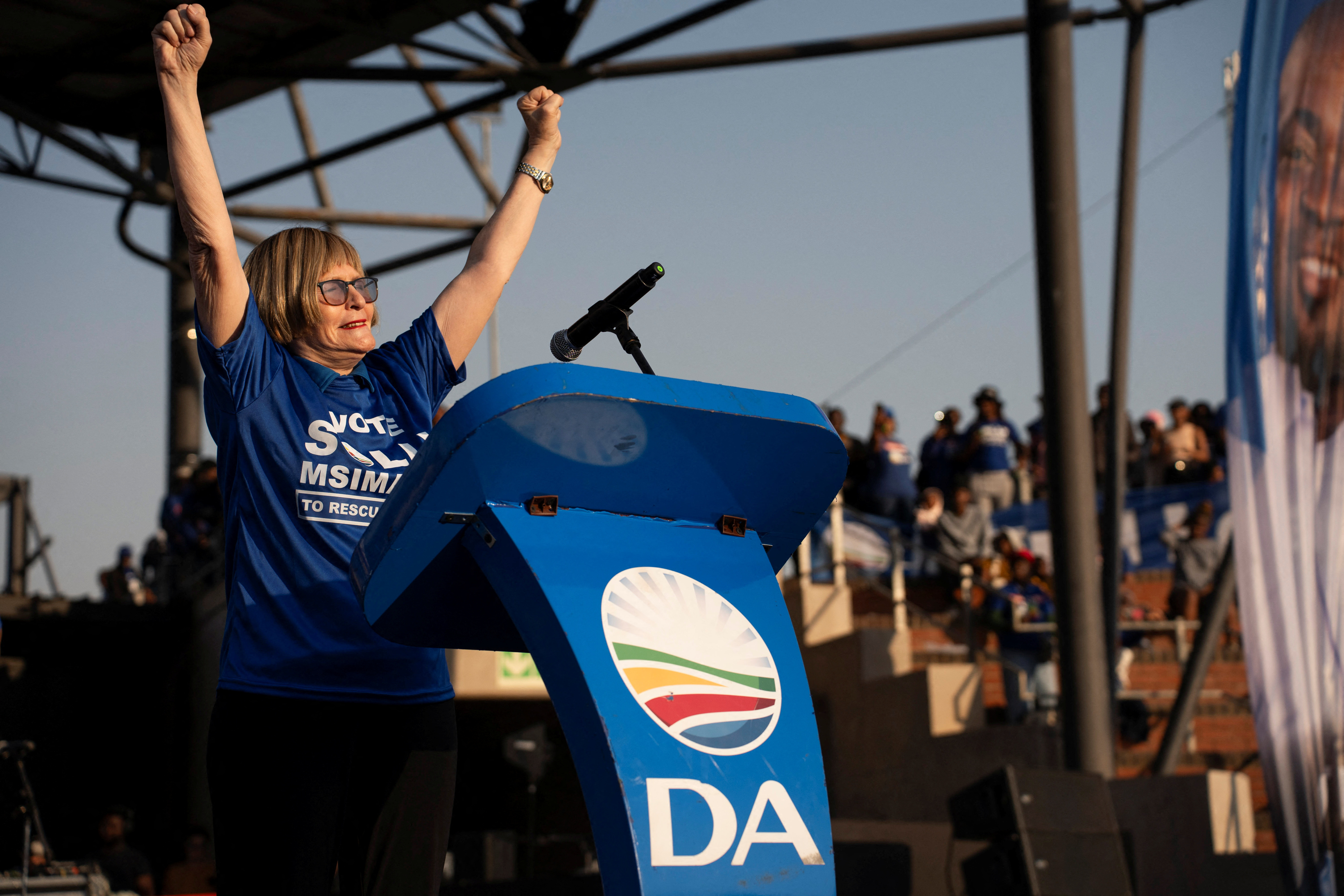 Helen Zille, Chairperson of the Federal Council of the Democratic Alliance, addresses supporters at an election rally in Soweto
