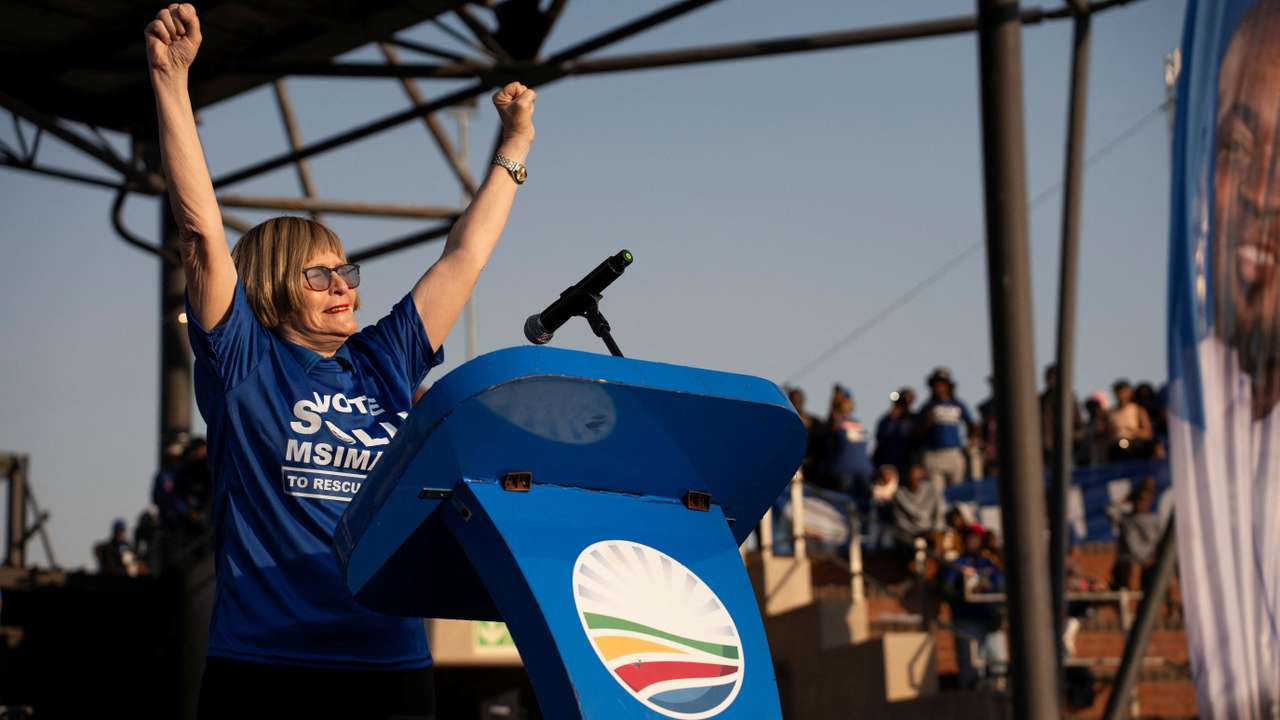 Helen Zille, Chairperson of the Federal Council of the Democratic Alliance, addresses supporters at an election rally in Soweto