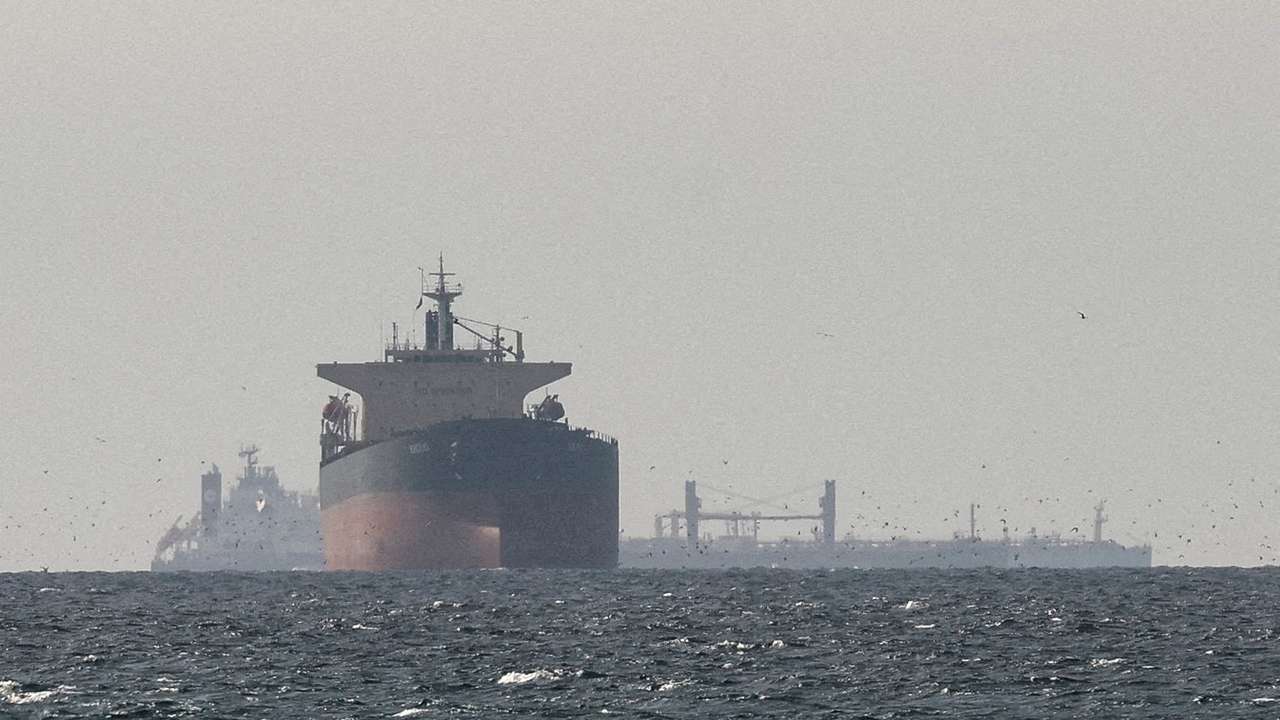 FILE PHOTO: Cargo ships in the Gulf, near the Strait of Hormuz