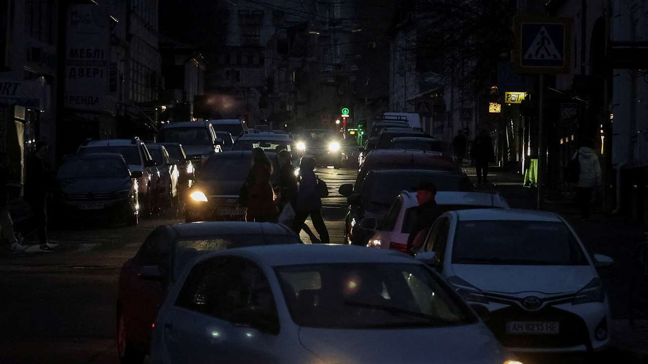 FILE PHOTO: City without electricity after critical civil infrastructure was hit by Russian missile attacks in Kharkiv