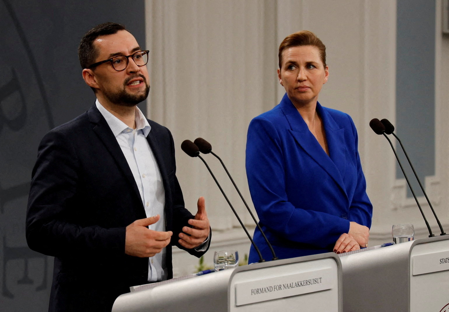 FILE PHOTO: Denmark's Prime Minister Mette Frederiksen and  Greenlandic Prime Minister Mute B. Egede attend a press conference in Copenhagen