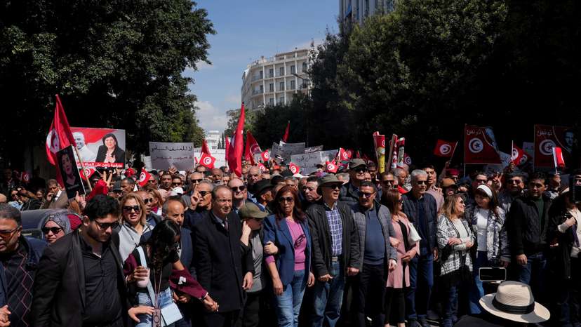 Supporters of Free Constitutional Party, whose leader Abir Moussi has been detained for two years, gather during a protest against Tunisian president Kais Saied in Tunis
